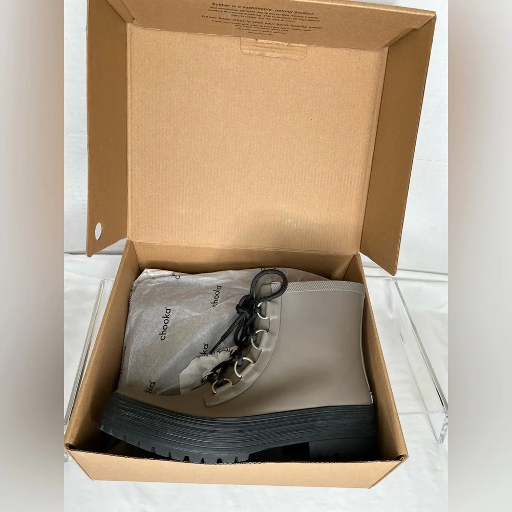 Chooka Ava Lace-up Waterproof Rain Boots, Dark Taupe, Sz 9, NWT